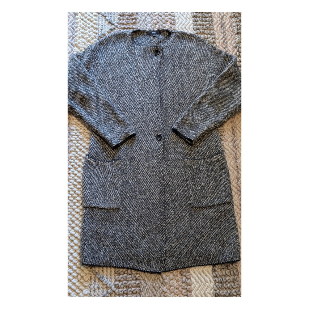 Uniqlo Gray Marled Knit Long Coat Jacket Small Tweed Style wool blend